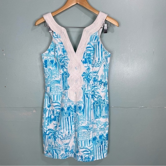 Lilly Pulitzer 21049 Blue White Valli Shift Toile La Via‎ Dress Sz 2 Sleeveless - Picture 1 of 6